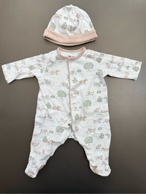 Neutral Animal Print Baby One-Piece with Matching Hat - Size 3m